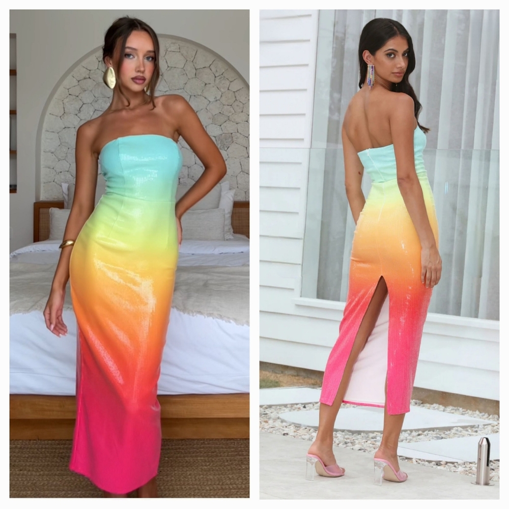 NWT RUNAWAY THE LABEL Malibu Rainbow Sequins Strapless Midi Fitted Dress XS